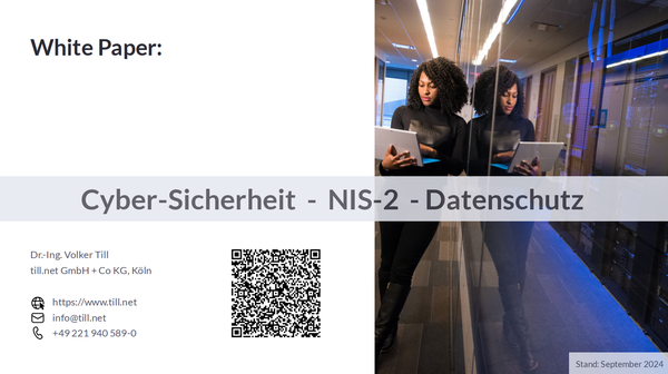 Kostenloses Whitepaper: "Cyber-Sicherheit - NIS2 - Datenschutz" - das Bild ist ein Screenshot der ersten Seite des Whitepapers.