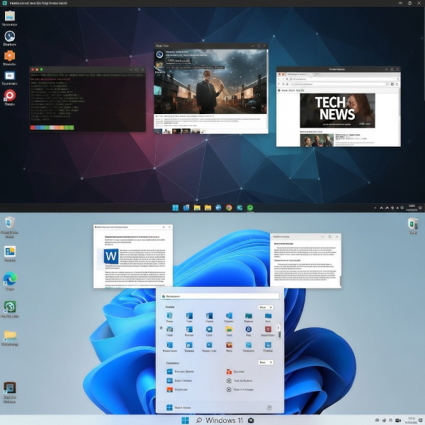 Vergleich Linux KDE Desktop (oben) / Windows 11 Dektop unten Das Bild zeigt das Aussehen zweier Desktops übereinander, Linux KDE Desktop (oben) / Windows 11 Dektop unten.