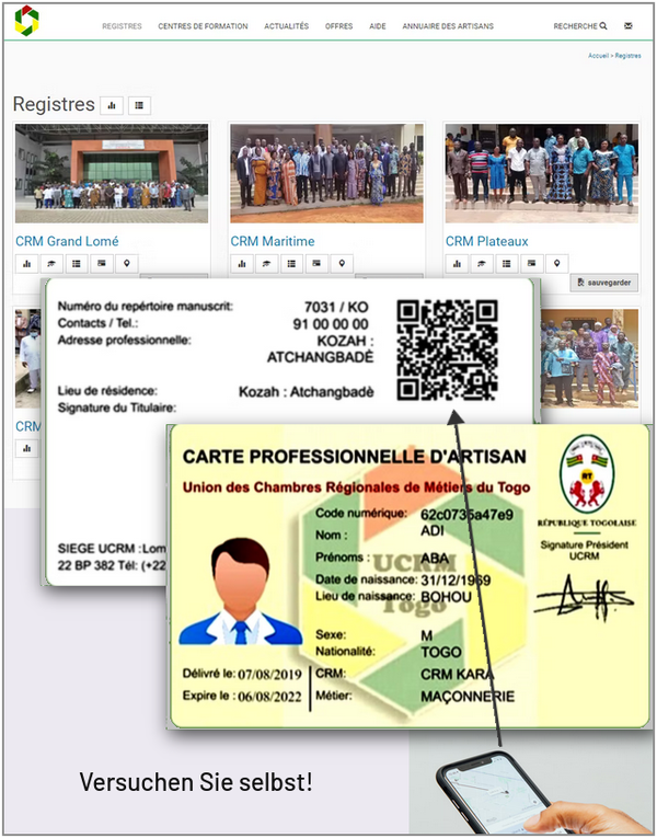 Das Bild beschreit die Nutzung der Handwerkerkarte der UCRM aus Togo mit dem QR-Code.