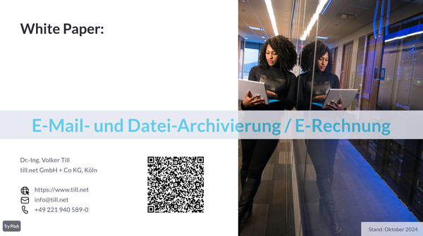 Das Bild zeigt die erste Seite der Präsentation "Lokale, revisionssichere (GoBD) E-Mail Archivierung" auf pitch.com.