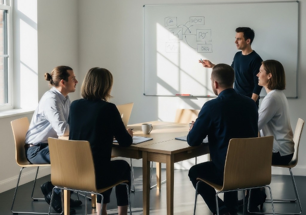 Das Bild zeigt eine Gruppe von Menschen in einer Schulungssituation.