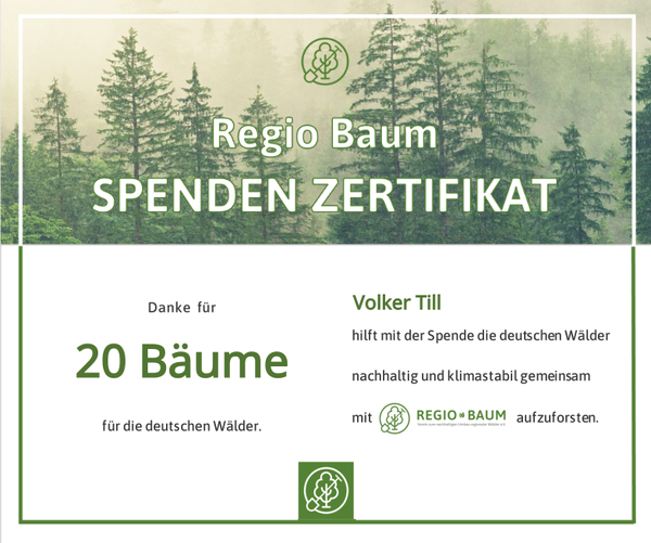 Das bild zeigt das Spenden-Zertifikat für 20 gespendete Bäume bei dem Verein Regio Baum.