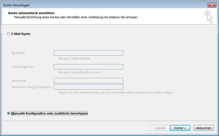 03 Outlook 2013 - Manuelle E-Mail Einrichtung - Konto hinzufuegen