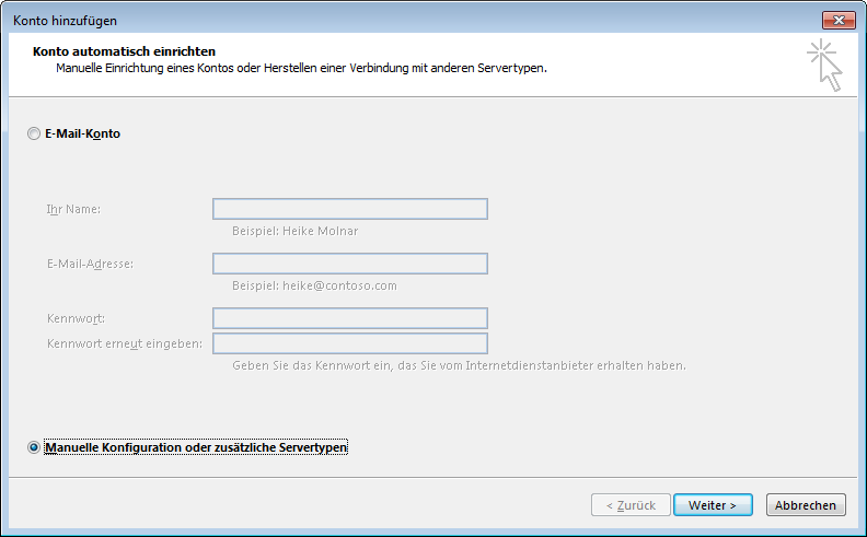 03 Outlook 2013 - Manuelle E-Mail Einrichtung - Konto hinzufuegen